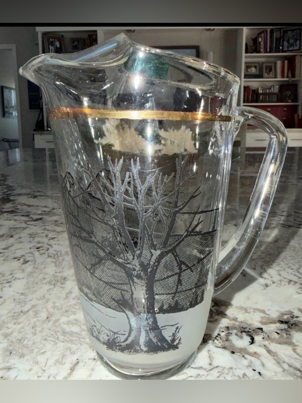 Vtg MCM Glass Pitcher Black Winter Tree Mountain Scene Gold Rim Ice Lip 7” - Picture 2 of 12